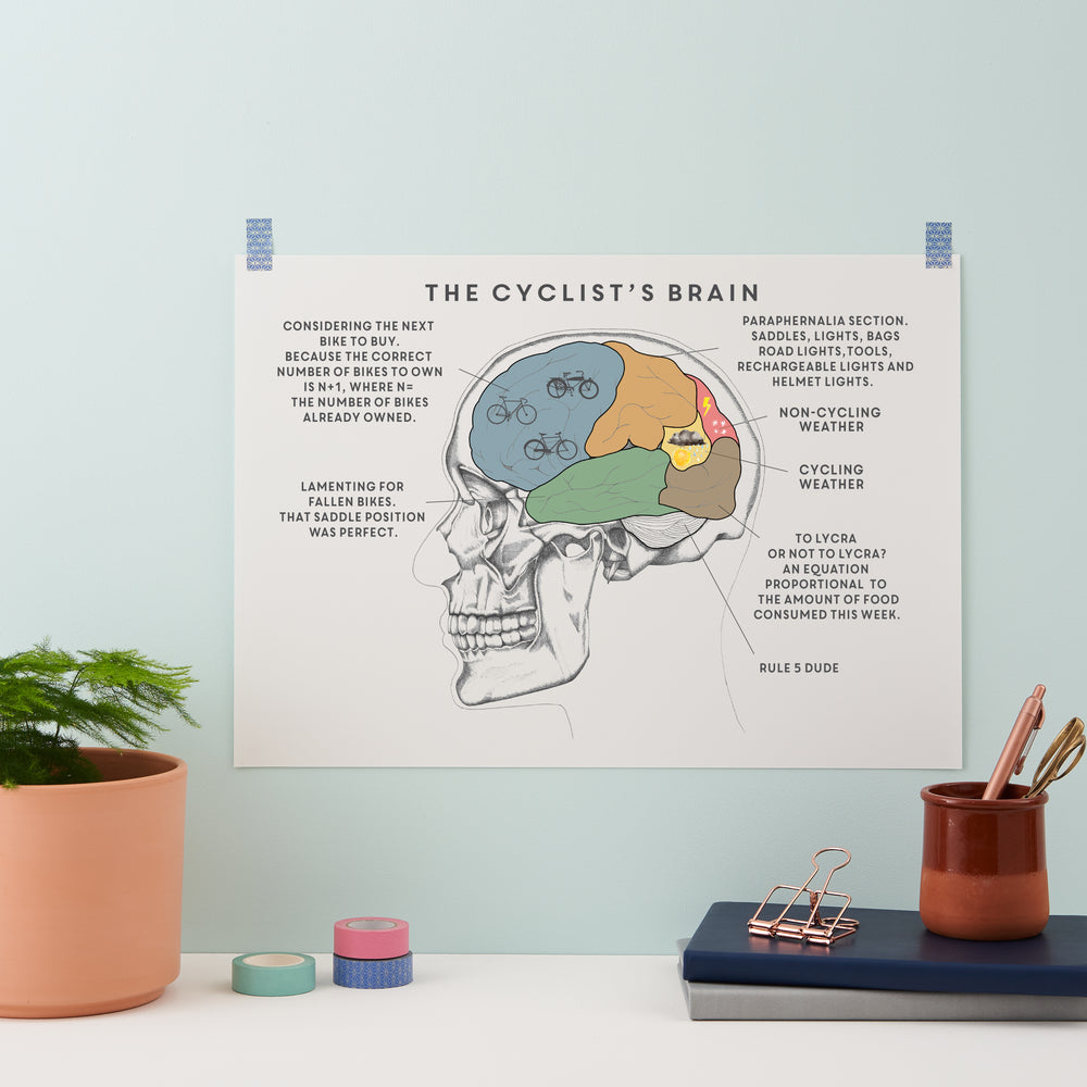  A print of "The Runner's Brain" showing a brain diagram with humorous running-related thoughts, taped to a light-colored wall. A small potted plant, rolls of tape, books, and pens are on a surface below.