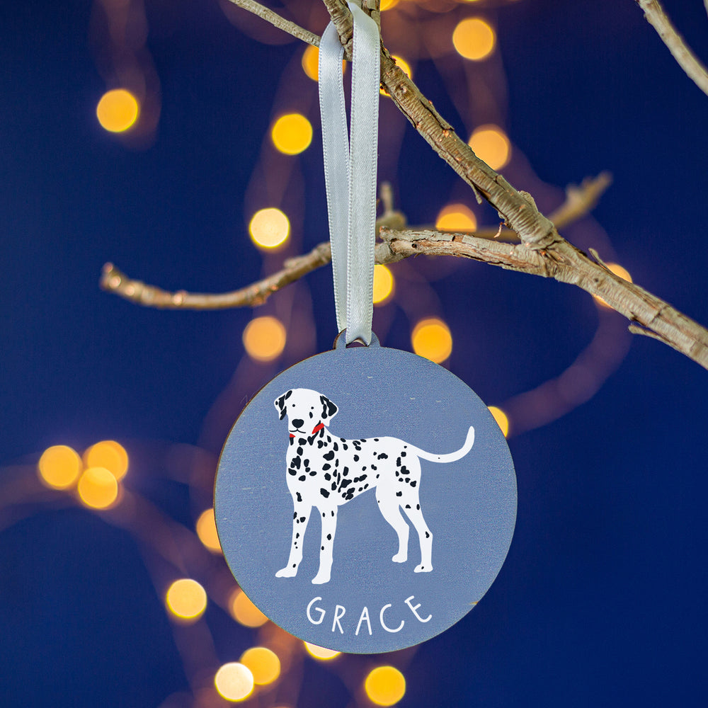Rustic wooden Dalmatian decoration for Christmas, custom name for pet owners.