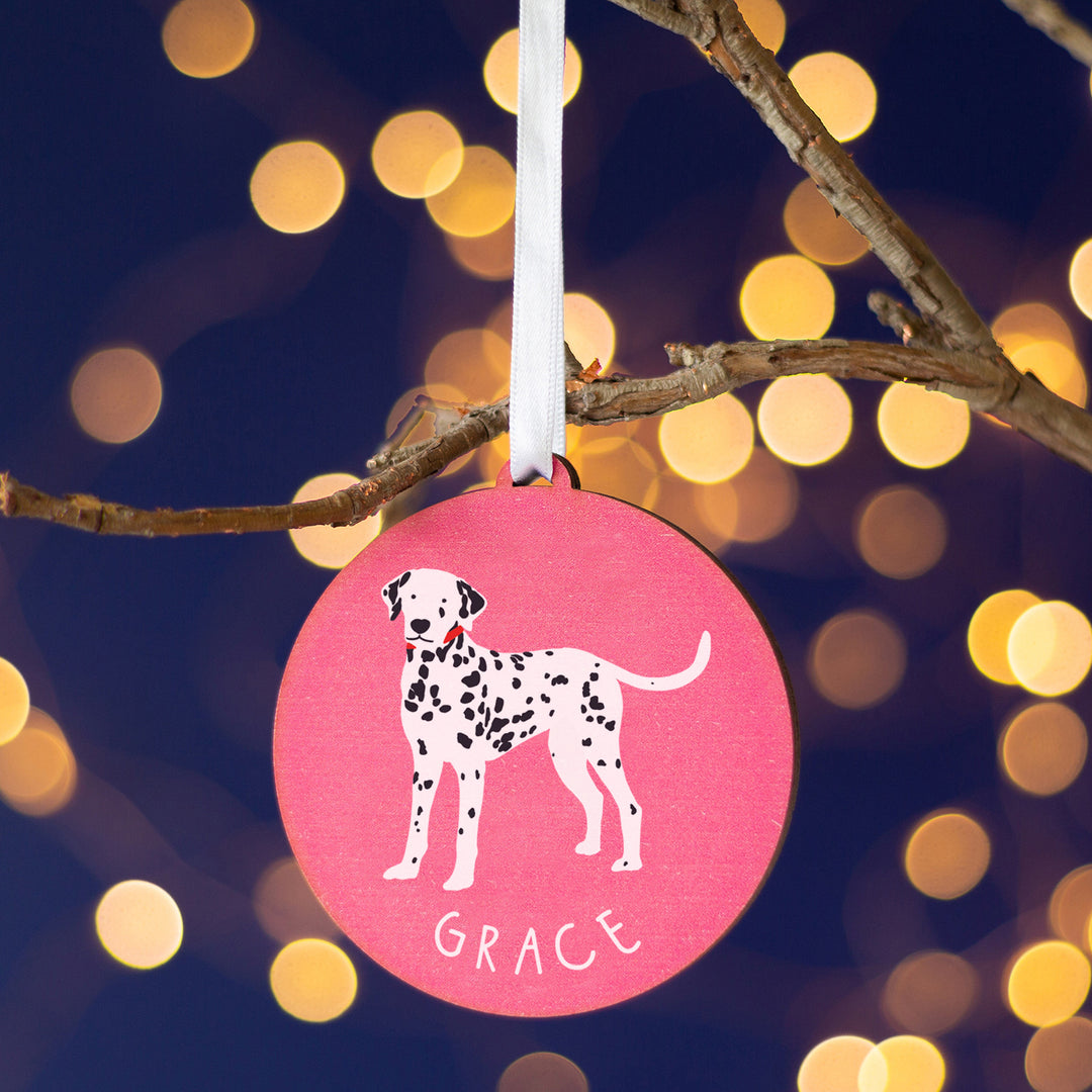 Custom Dalmatian dog Christmas ornament, sustainable wood with pet’s name.
