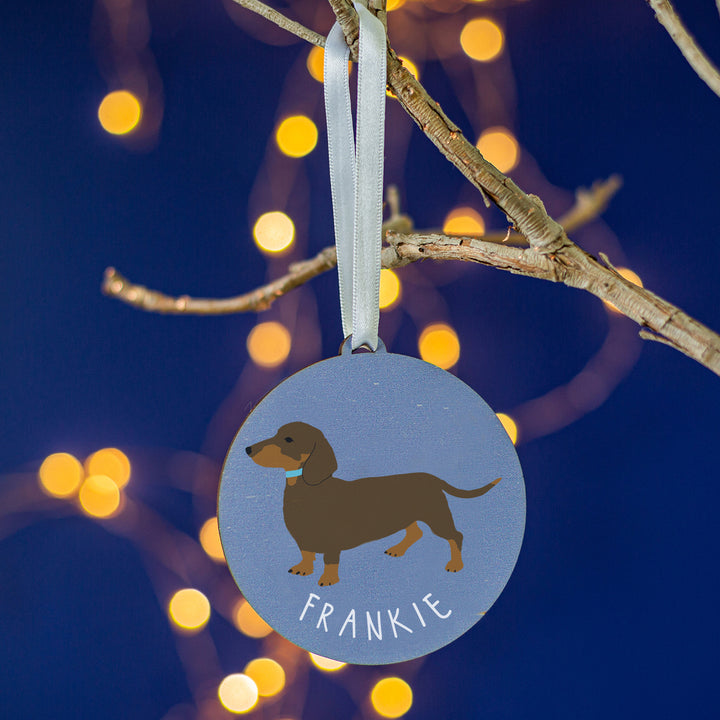 Wooden Dachshund breed bauble for Christmas tree, engraved with dog’s name.
