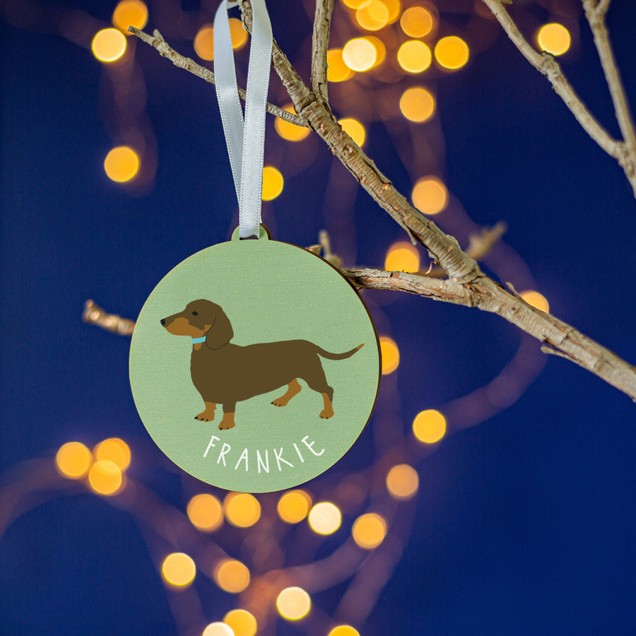 Personalised Dachshund bauble, engraved festive ornament for dog lovers.