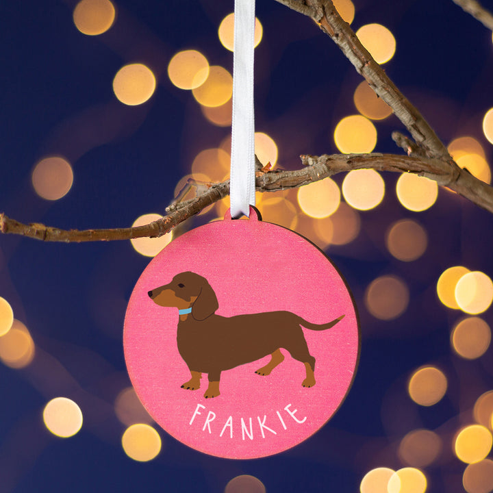 Custom Dachshund ornament, sustainably sourced wooden decoration with ribbon.