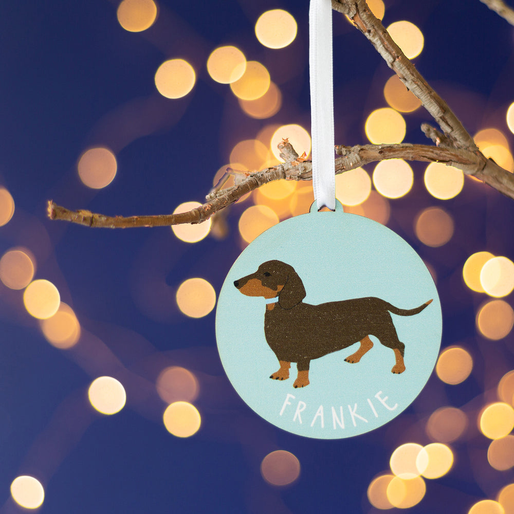 Wooden Dachshund breed bauble for Christmas tree, engraved with dog’s name.