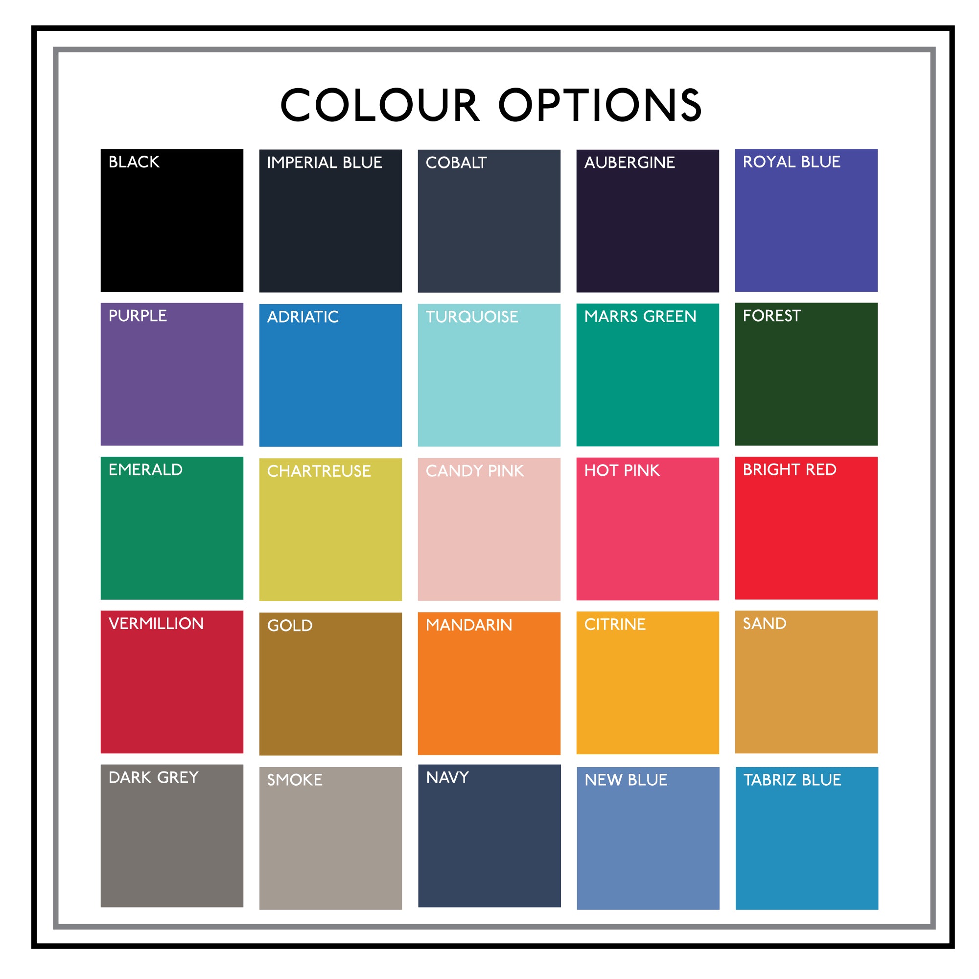 Colour swatch chart showing all available colours