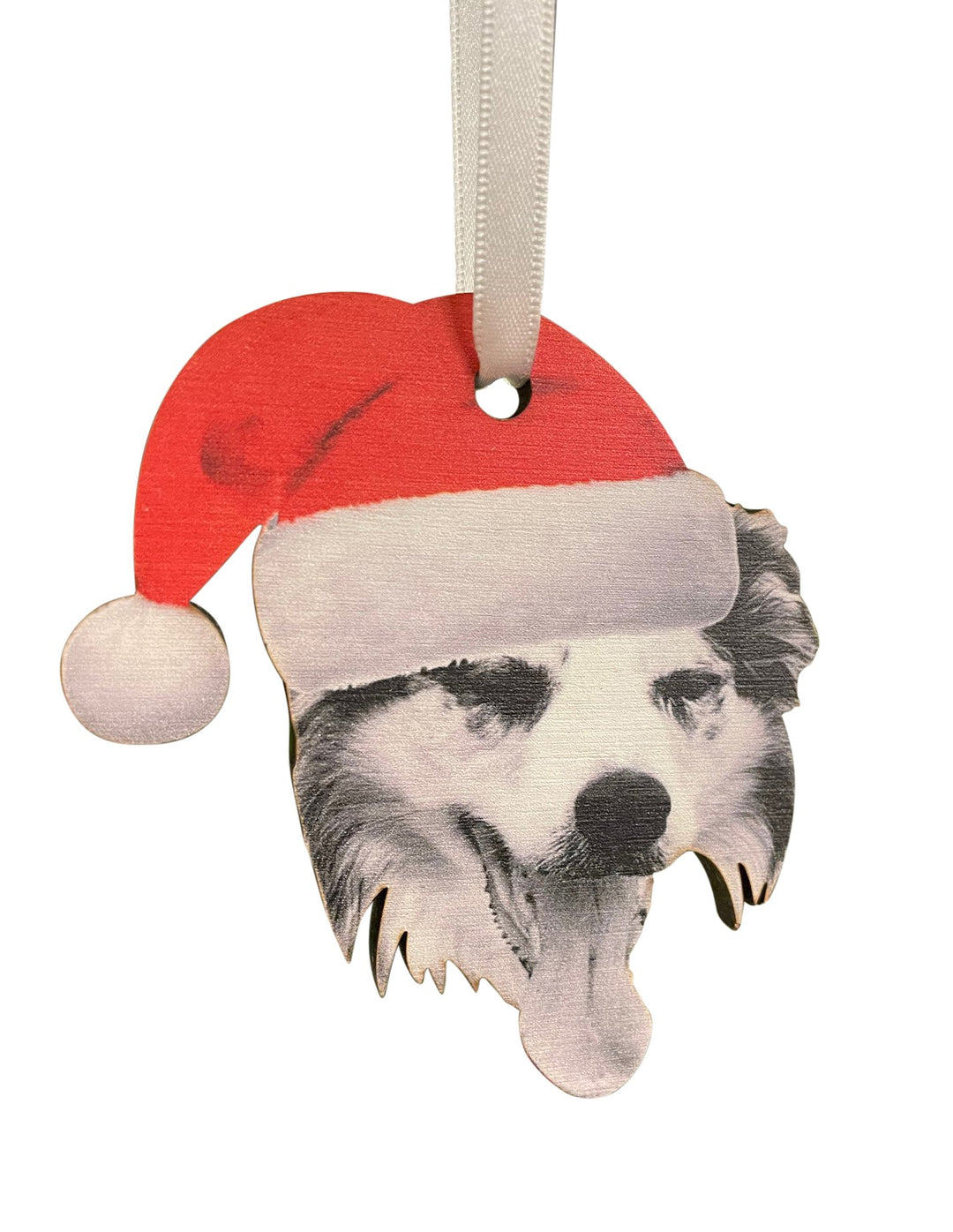 Custom dog Christmas bauble with ribbon hanger, engraved wooden ornament