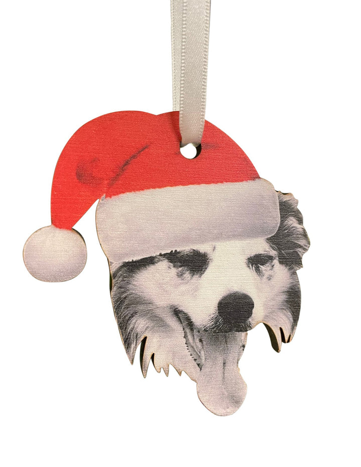 Custom dog Christmas bauble with ribbon hanger, engraved wooden ornament