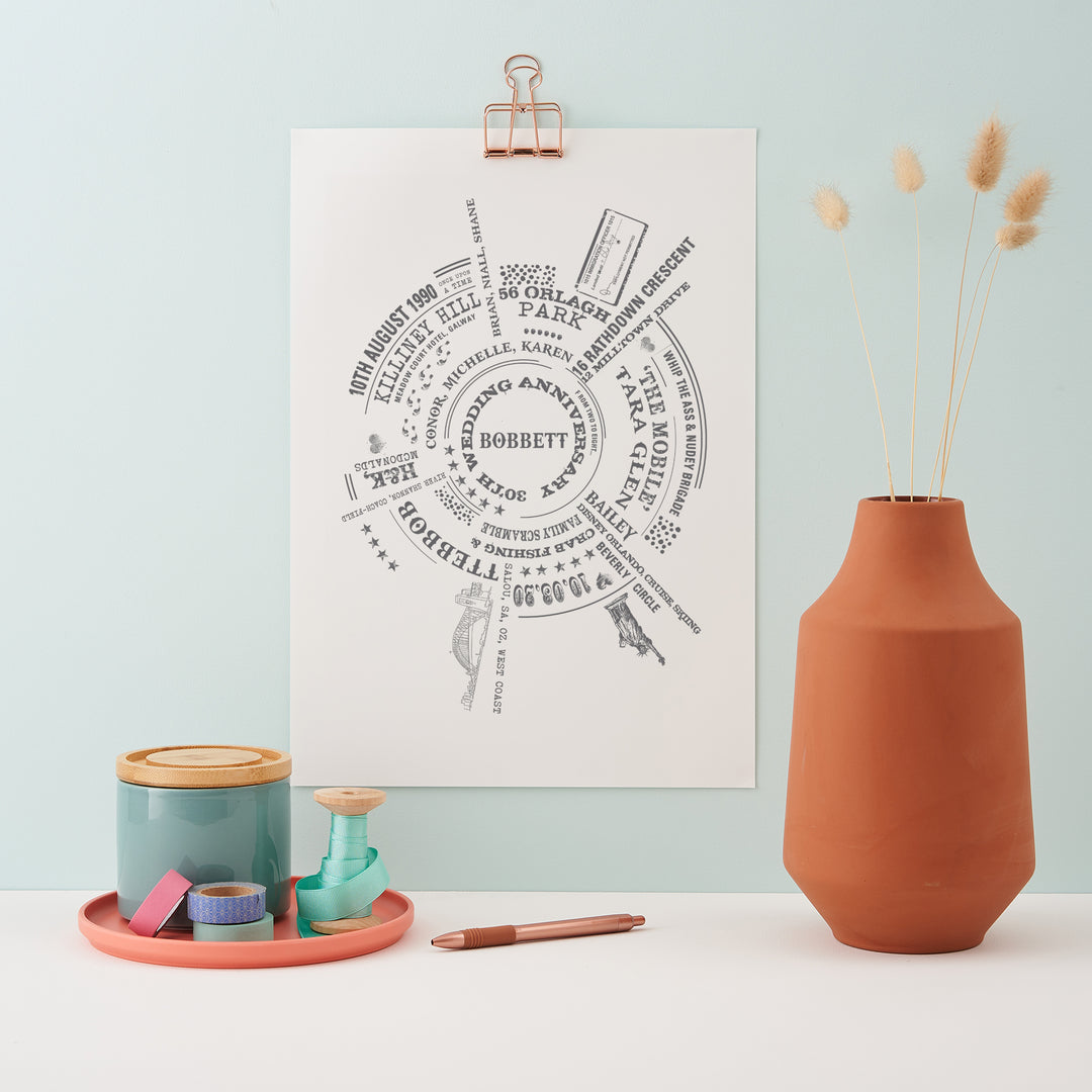 A framed print with a circular arrangement of personalized text and symbols hangs on a light blue wall. A terracotta vase with dried flowers, a tray with tape and a jar, and a pen are on a white surface below.