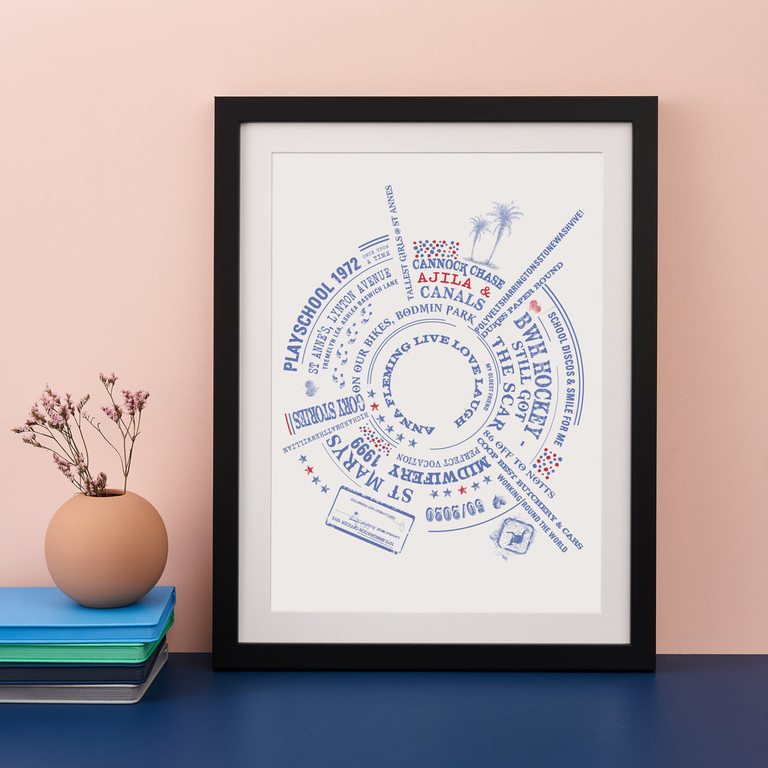 A framed print with a circular arrangement of personalized text and symbols in blue ink on a white background, including "PLAYSCHOOL 1972," "CANNOCK CHASE," "MIDWIFERY 1999," and "ST MARYS." The print is framed in black and sits on a blue surface with a vase of twigs and a stack of books.