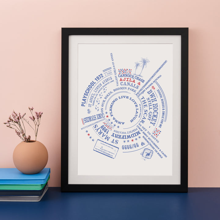 A framed print with a circular arrangement of personalized text and symbols in blue ink on a white background, including "PLAYSCHOOL 1972," "CANNOCK CHASE," "MIDWIFERY 1999," and "ST MARYS." The print is framed in black and sits on a blue surface with a vase of twigs and a stack of books.