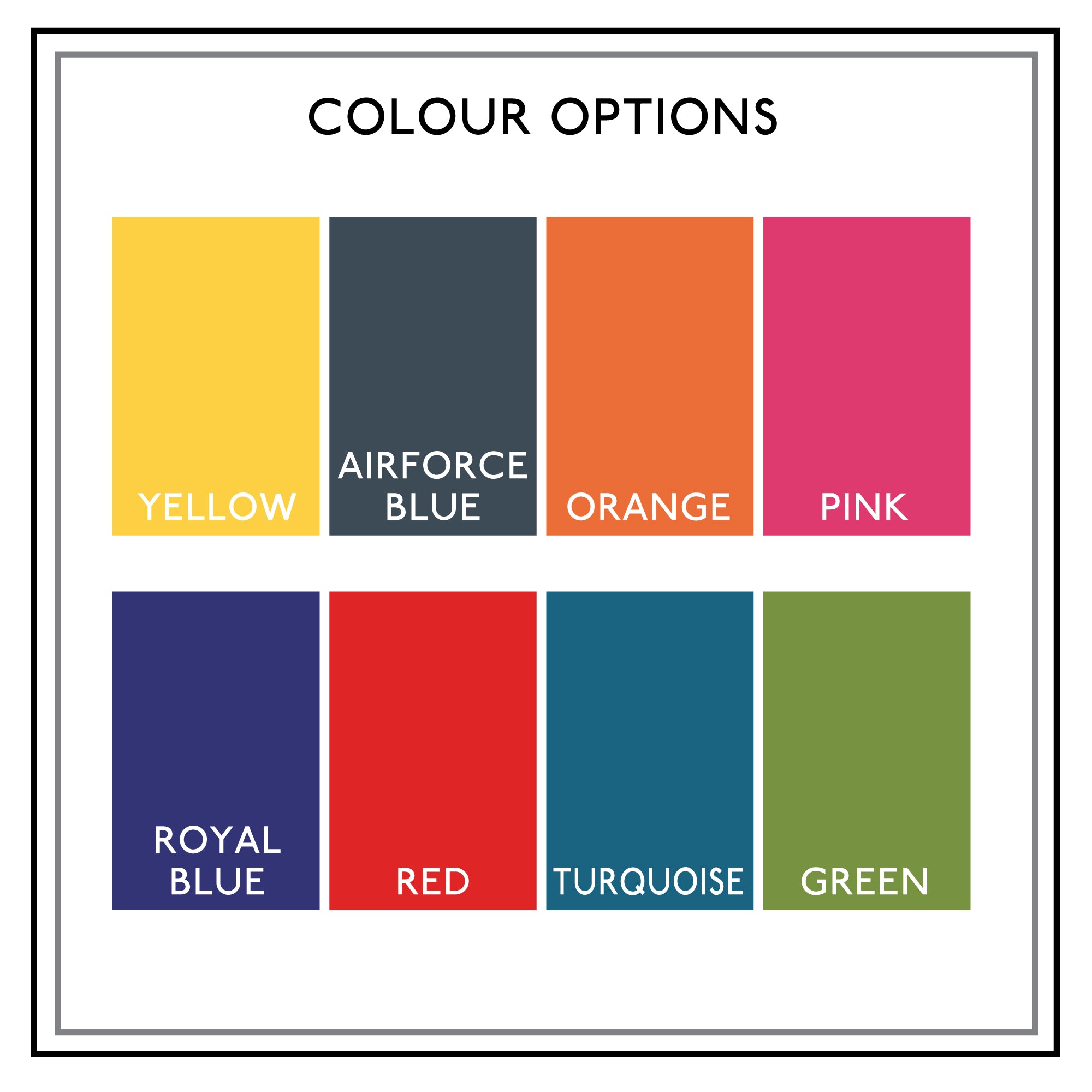 Colour chart showing passport colours available , yellow, airforce blue, orange, pink, royal blue,red,turquoise and green