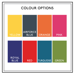 Colour swatch for passport holders including pink, red, royal blue, yellow, airforce blue, green, turquoise and orange