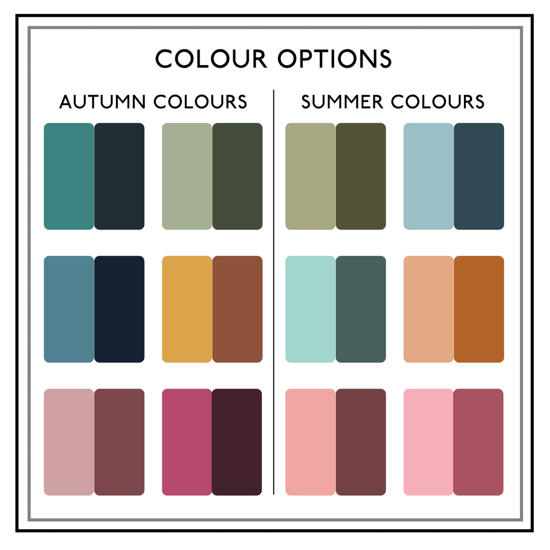 A color palette displaying "Autumn Colours" and "Summer Colours" with three rows of four color swatches each, featuring a range of blues, greens, yellows, pinks, and browns.