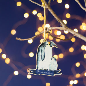 Personalised Family of Penguins Wooden Christmas Card & Bauble