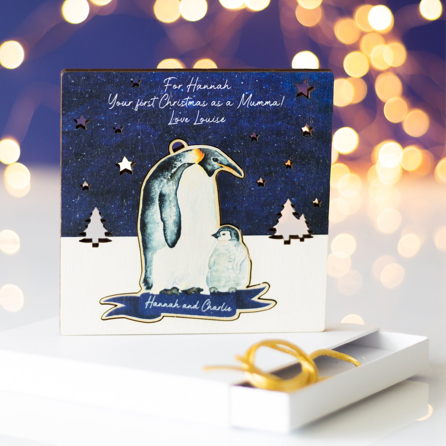 Personalised Family of Penguins Wooden Christmas Card & Bauble