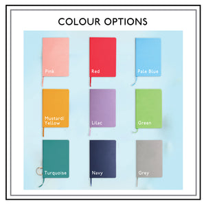 Colour swatch for notebooks including pink, red, pale blue, mustard, lilac, green, turquoise, navy and grey