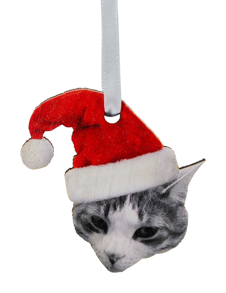 Personalised cat bauble for pet lovers, wooden Christmas ornament with Santa hat