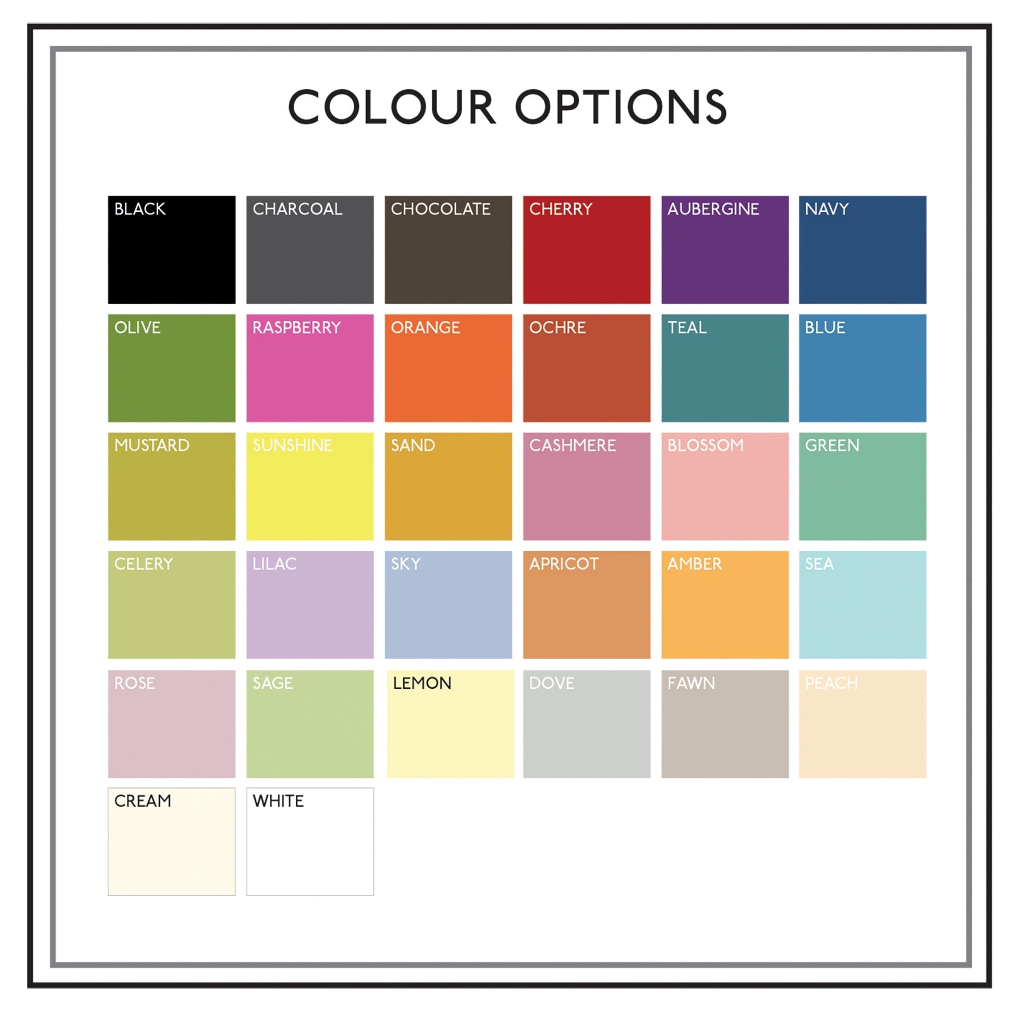 Chart showing all available colours