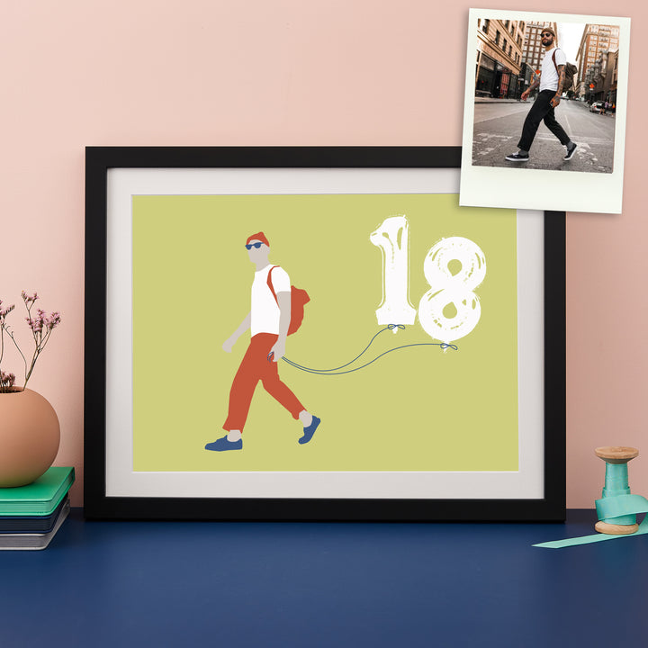 Colourful silhouette of a man holding number 18 balloons with the original photograph shown
