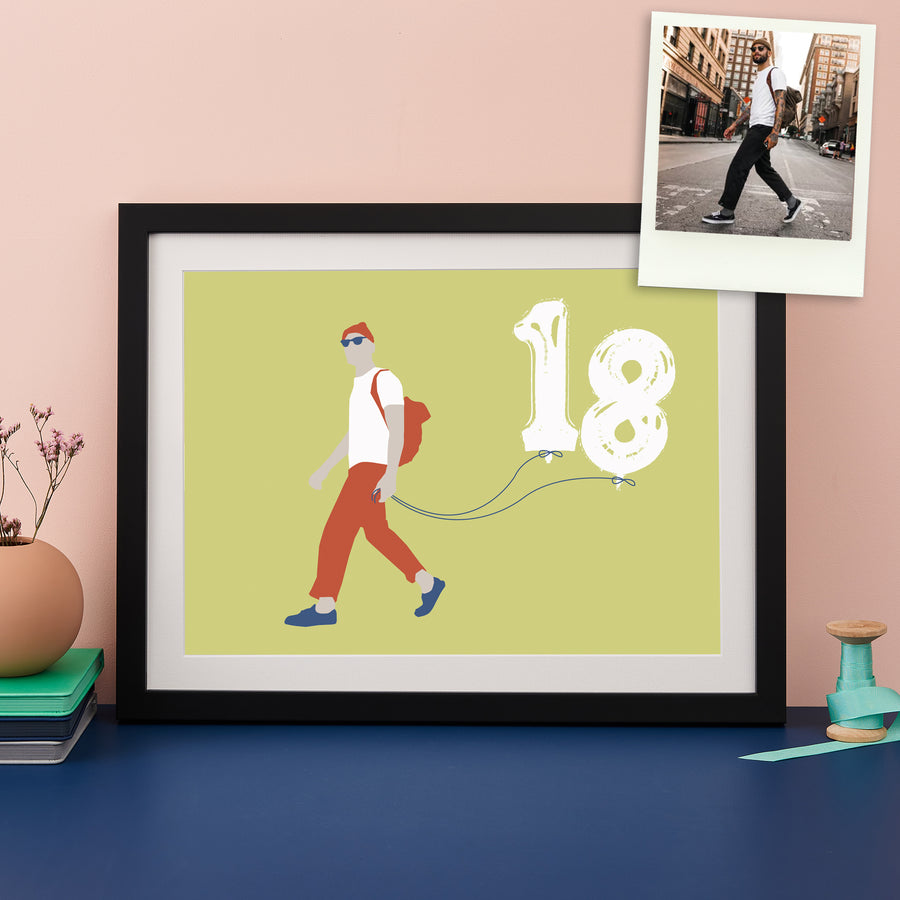 Colourful silhouette of a man holding number 18 balloons with the original photograph shown