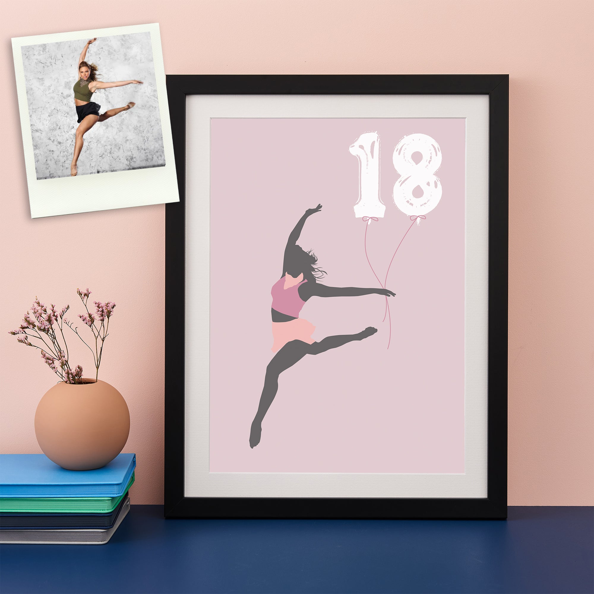 Pinks and grey silhouette of a ballet dancer holding number 18 balloons with the original photograph shown