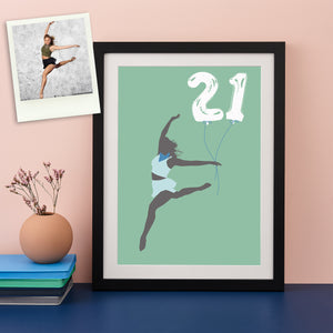 Green and blue print showing the silhouette of a ballet dancer holding birthday balloons showing the number 21
