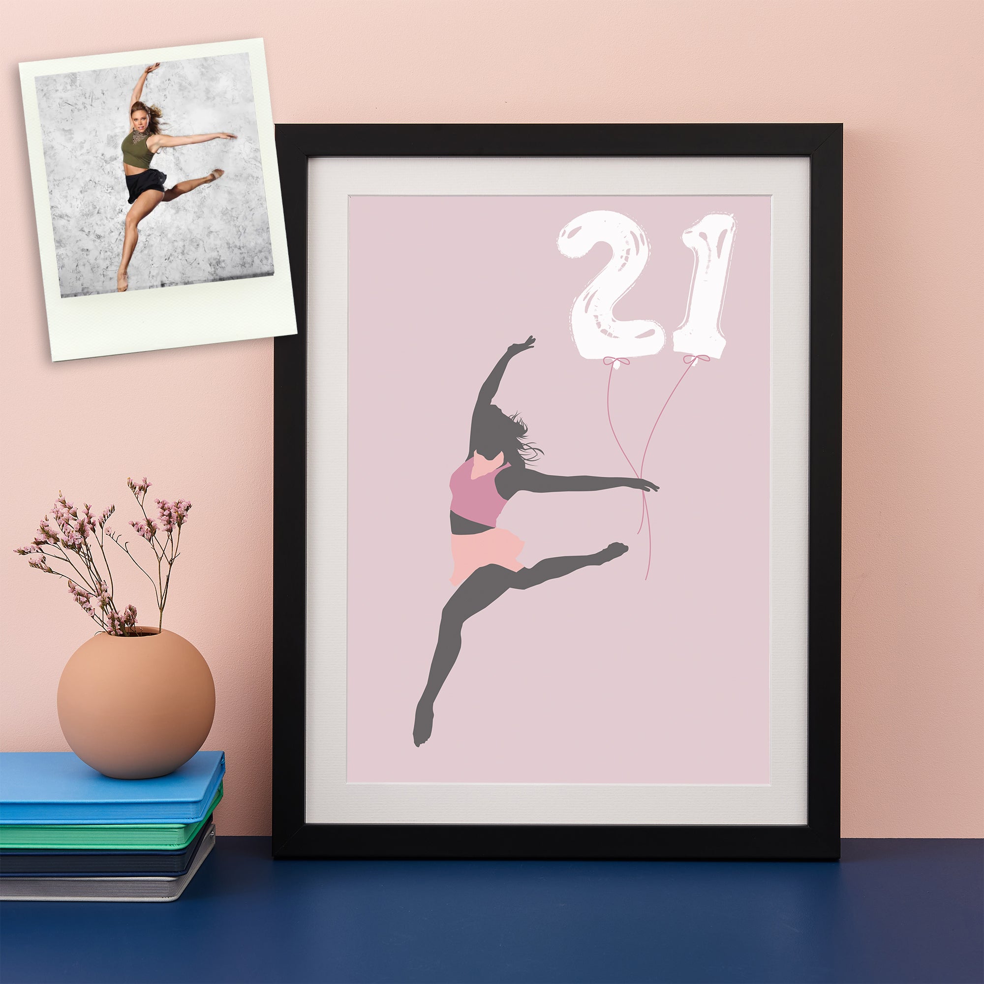 Pink toned print showing the silhouette of a ballet dancer holding birthday balloons showing the number 21