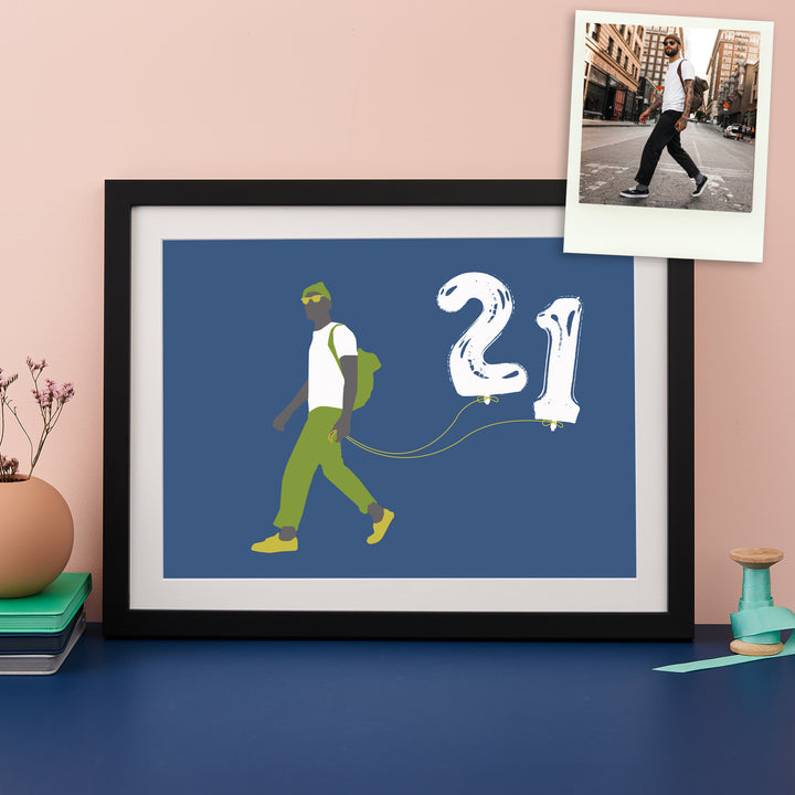 Blue and green print of a silhouette of a man holding birthday balloons for the number 21