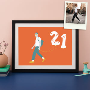 Orange and green print showing a silhouette of a man holding 2 large balloons with the numbers 21.