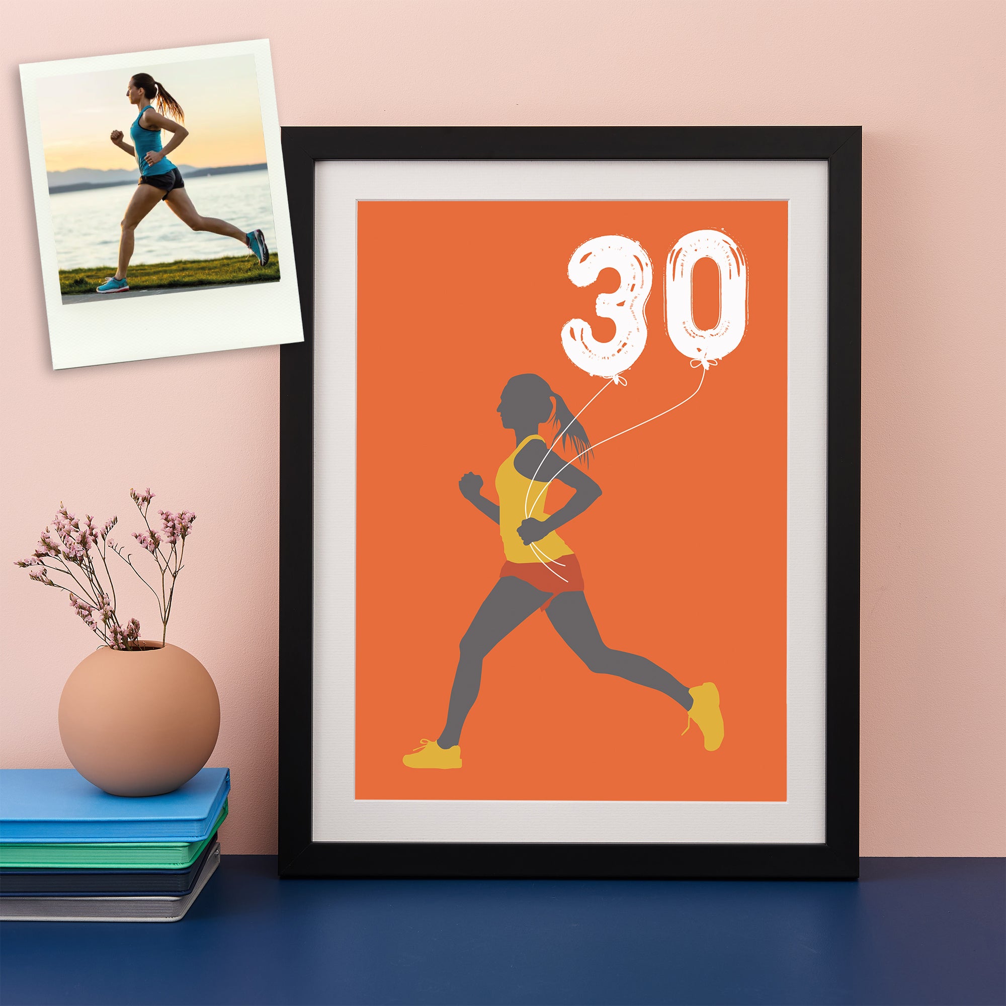 Colour pop modern silhouette image of a woman running holding balloons saying  30