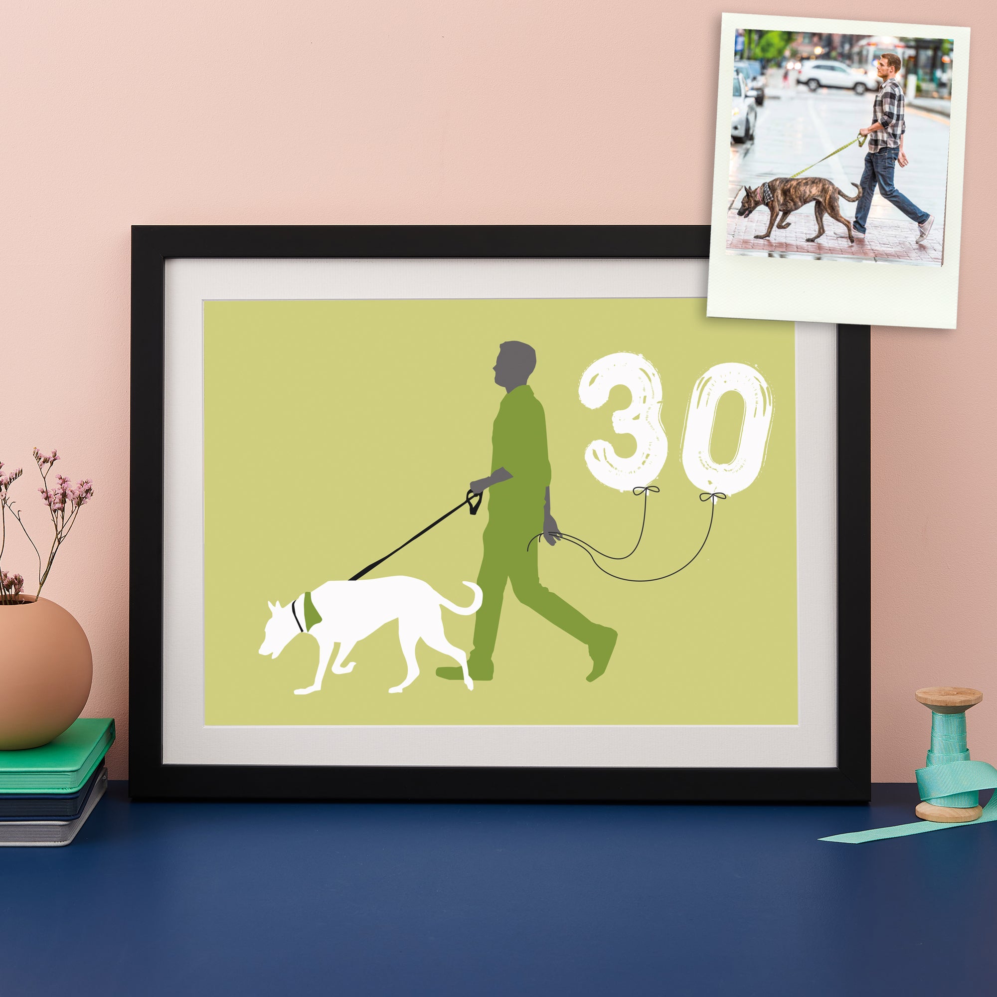 Colour pop modern silhouette image of a man walking a dog holding balloons saying  30