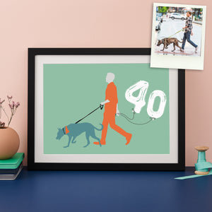 Colourful silhouette of a man walking a dog holding balloons saying 40