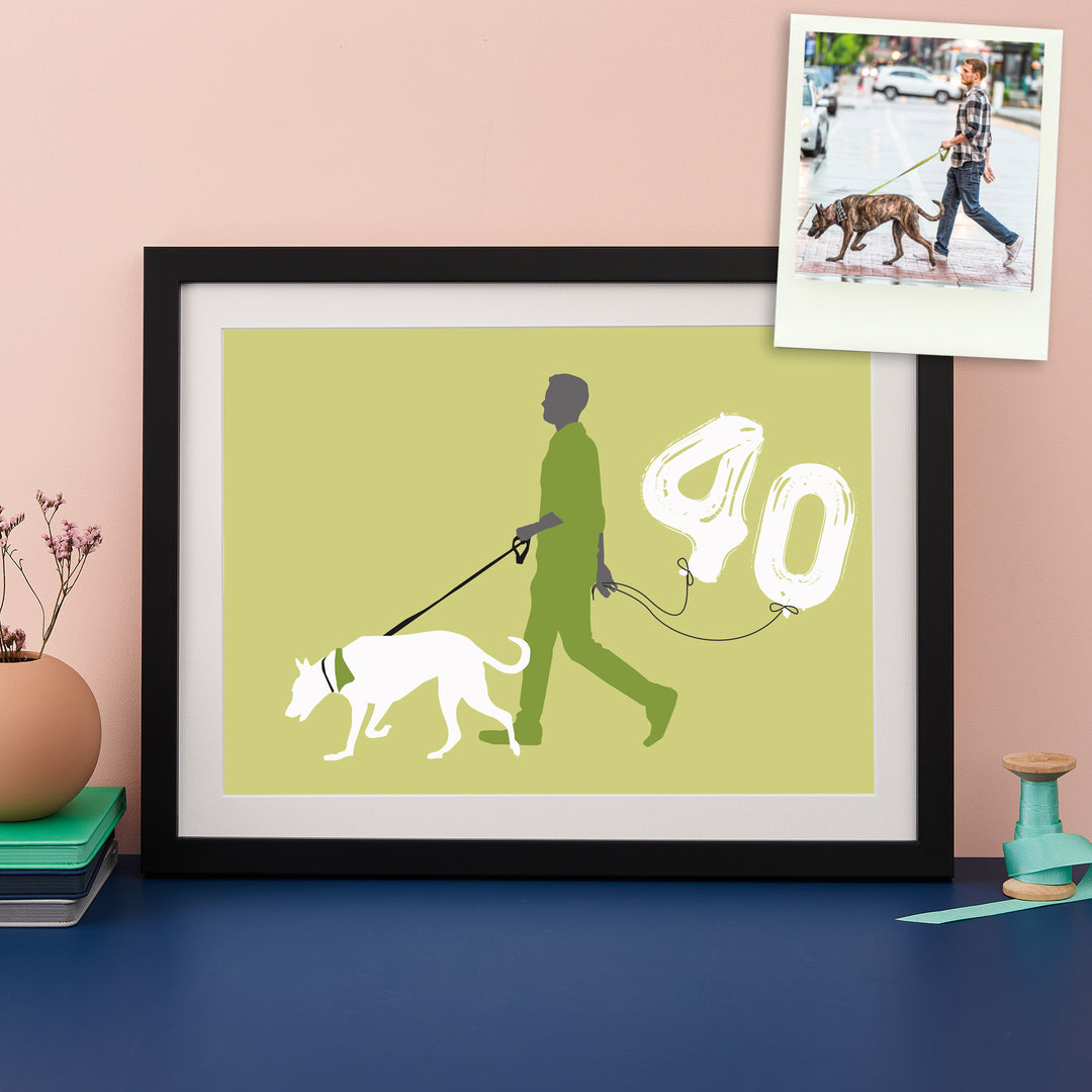 Colourful silhouette of a man walking a dog holding balloons saying 40