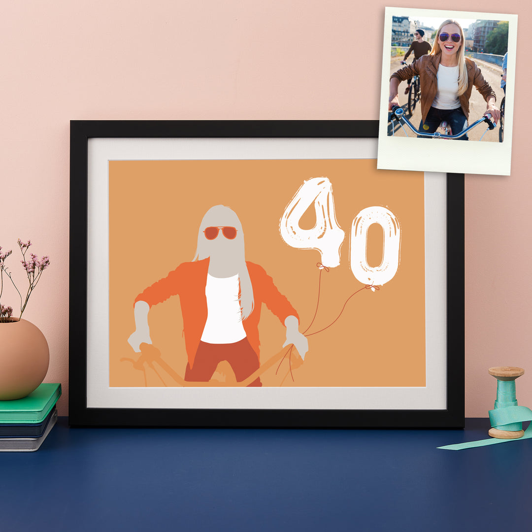 Silhouette in shades of orange showing a person  on a bike holding balloons saying 40