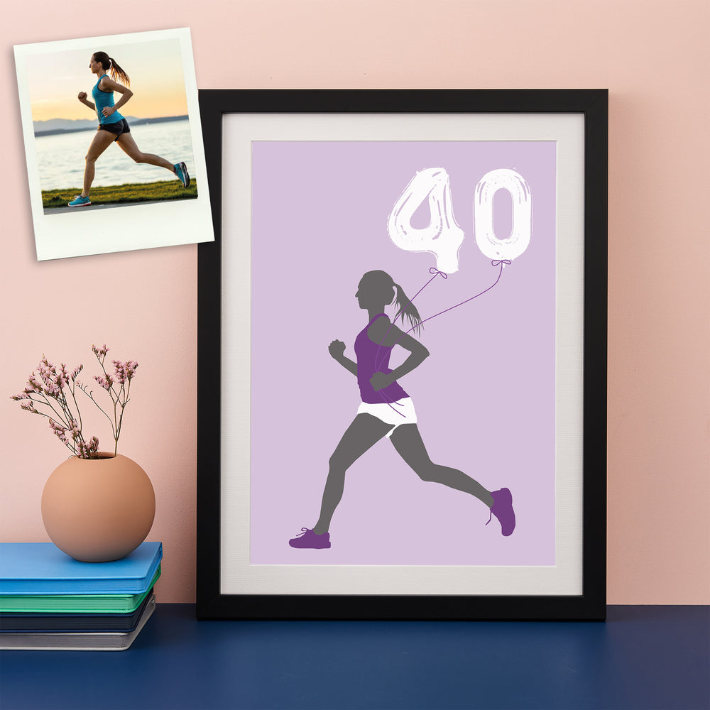 Colourful silhouette in shades of purple of a person running holding balloons saying 40