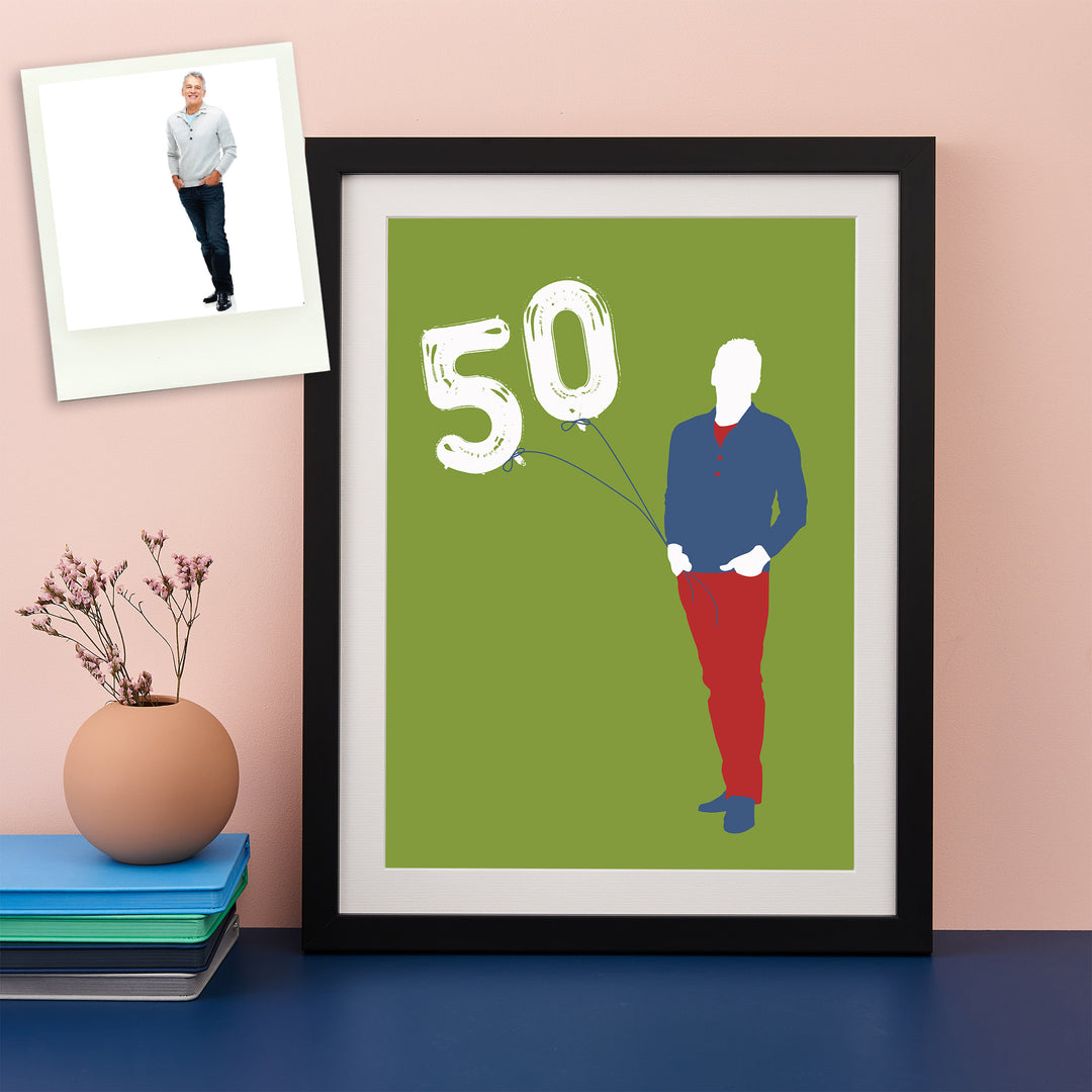 Colour pop modern silhouette of a man holding 2 balloons saying 50
