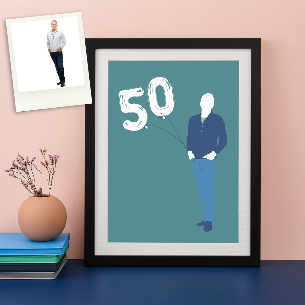 Colour pop modern silhouette of a man holding 2 balloons saying 50
