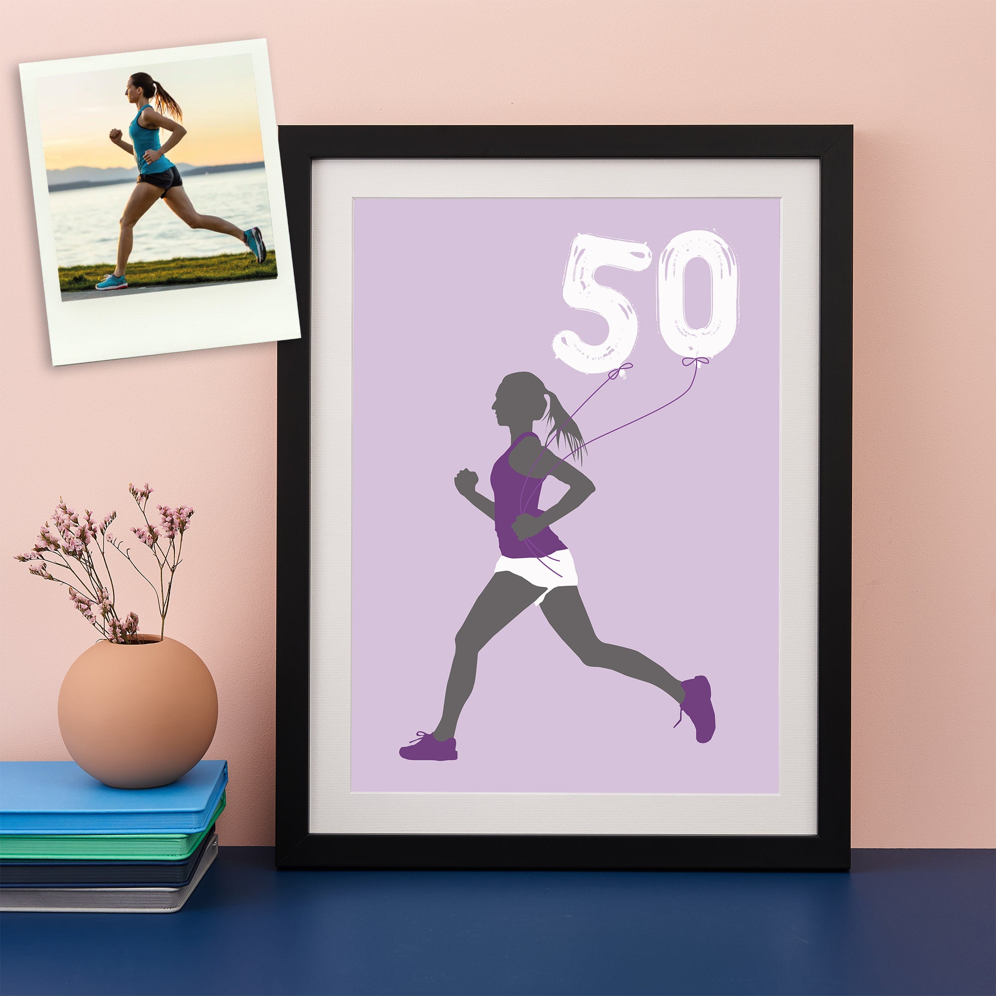 Colour pop modern silhouette image of a woman running holding balloons saying 50