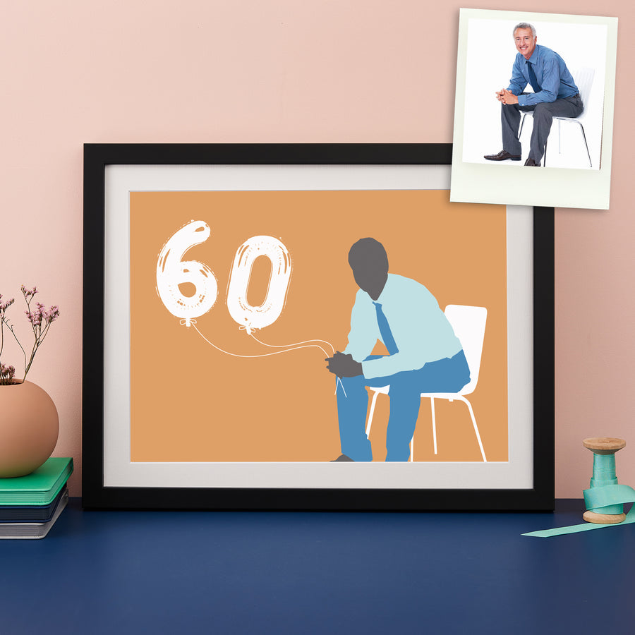 Colour pop modern silhouette image of a man sitting on a chair holding balloons saying 60
