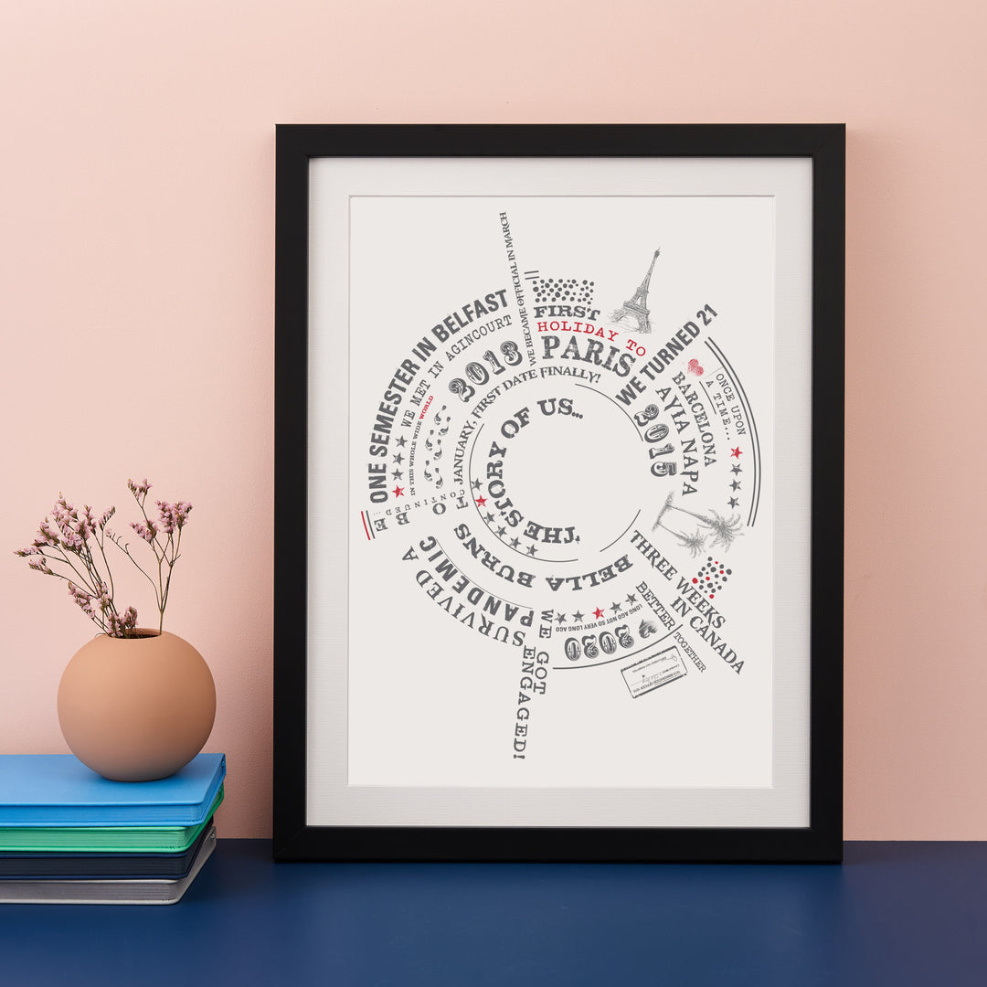 A framed print with a circular arrangement of personalized text and symbols in dark gray on a white background, including "ONE SEMESTER IN BELFAST," "FIRST HOLIDAY TO PARIS," "WE TURNED 21," and "THE STORY OF US..." The print is framed in black and sits on a blue surface with a vase of twigs and a stack of books.