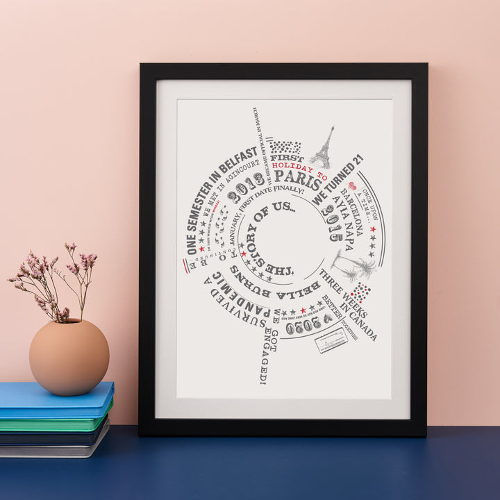 A framed print with a circular arrangement of personalized text and symbols in dark gray on a white background, including "ONE SEMESTER IN BELFAST," "FIRST HOLIDAY TO PARIS," "WE TURNED 21," and "THE STORY OF US..." The print is framed in black and sits on a blue surface with a vase of twigs and a stack of books.