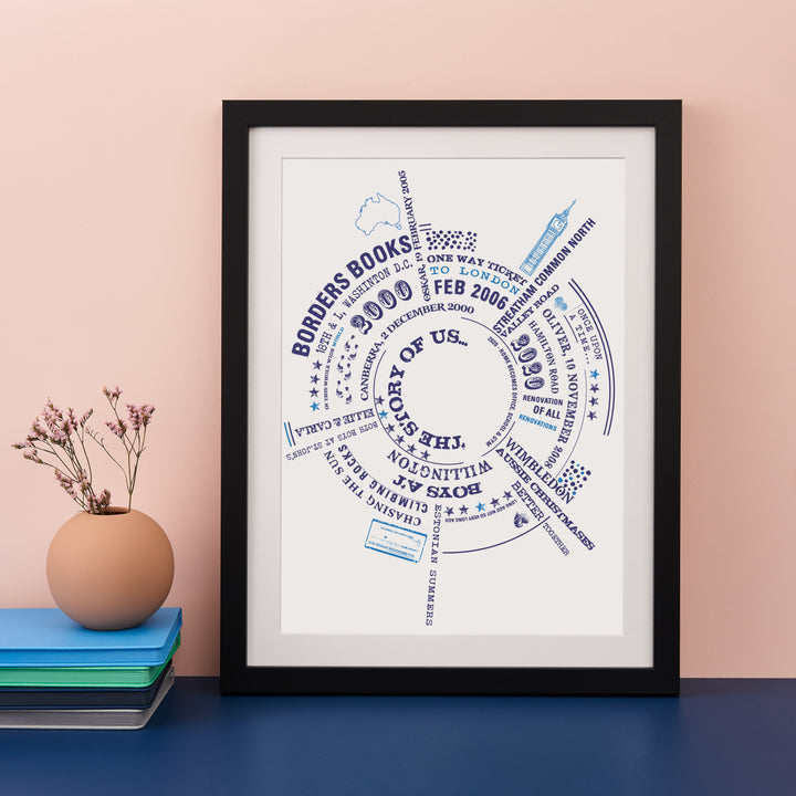 A framed print with a circular arrangement of personalized text and symbols in dark gray on a white background, including "ONE SEMESTER IN BELFAST," "FIRST HOLIDAY TO PARIS," "WE TURNED 21," and "THE STORY OF US..." The print is framed in black and sits on a blue surface with a vase of twigs and a stack of books.