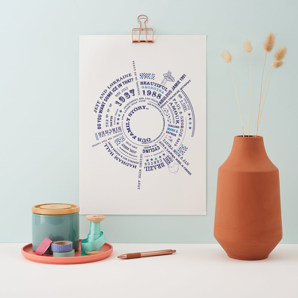 A framed print with a circular arrangement of personalized text and symbols hangs on a light blue wall. A terracotta vase with dried flowers, a tray with tape and a jar, and a pen are on a white surface below.