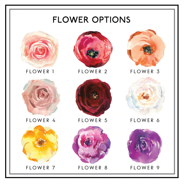 A visual guide displaying nine watercolor flower options for a product. The chart presents a variety of beautiful blooms in different colors, allowing customers to choose the perfect floral design for their preferences.
