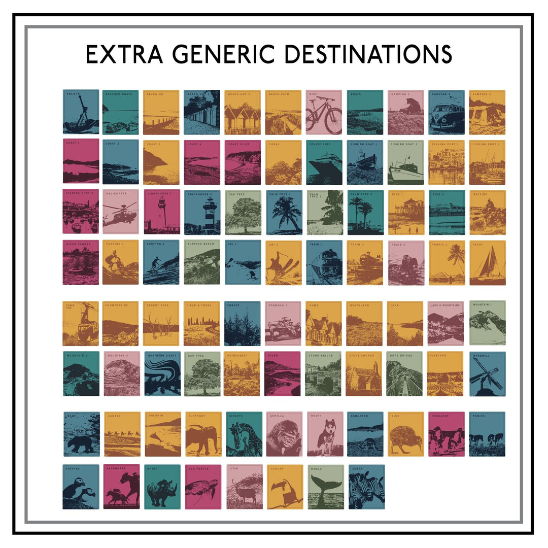  A framed print with 56 small squares, each depicting a different generic destination image, such as beaches, mountains, animals, and modes of transportation. The title "EXTRA GENERIC DESTINATIONS" is at the top.
