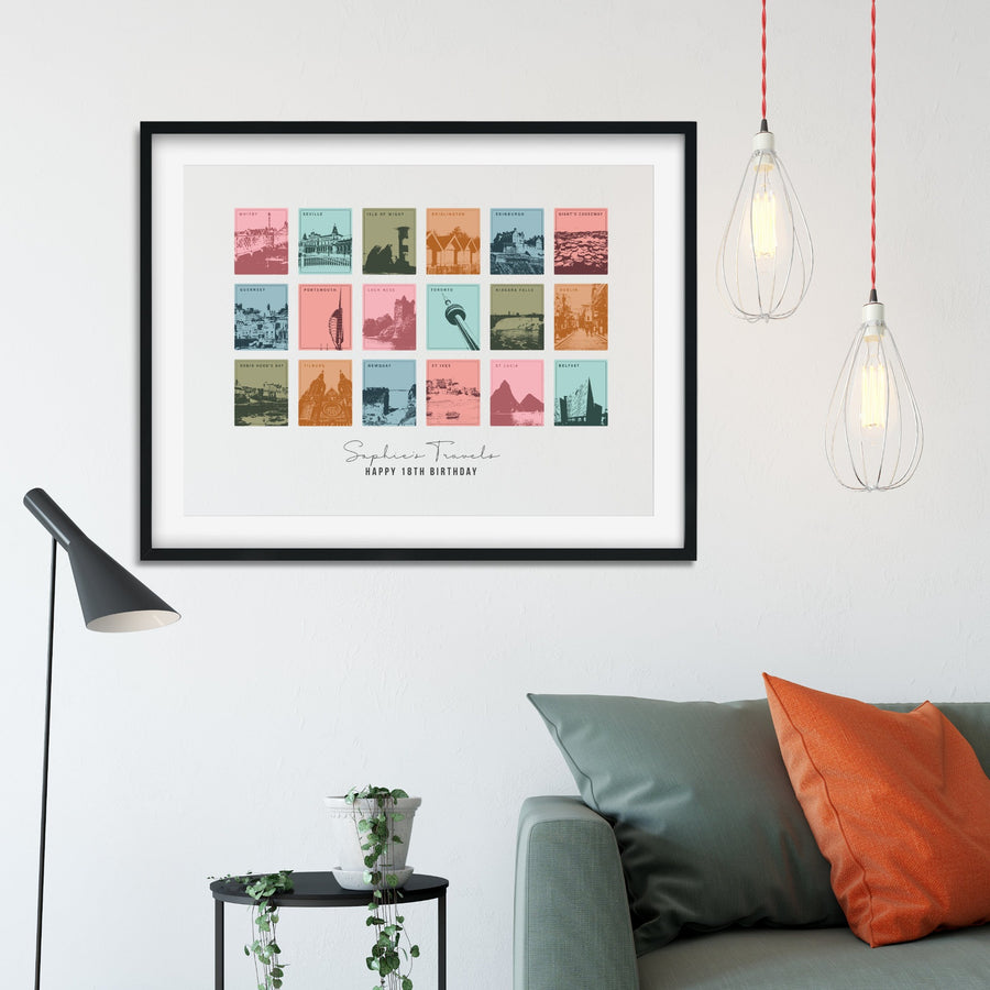 Large black framed print of 18 coloured designs showing different locations around the world in the summer colourway