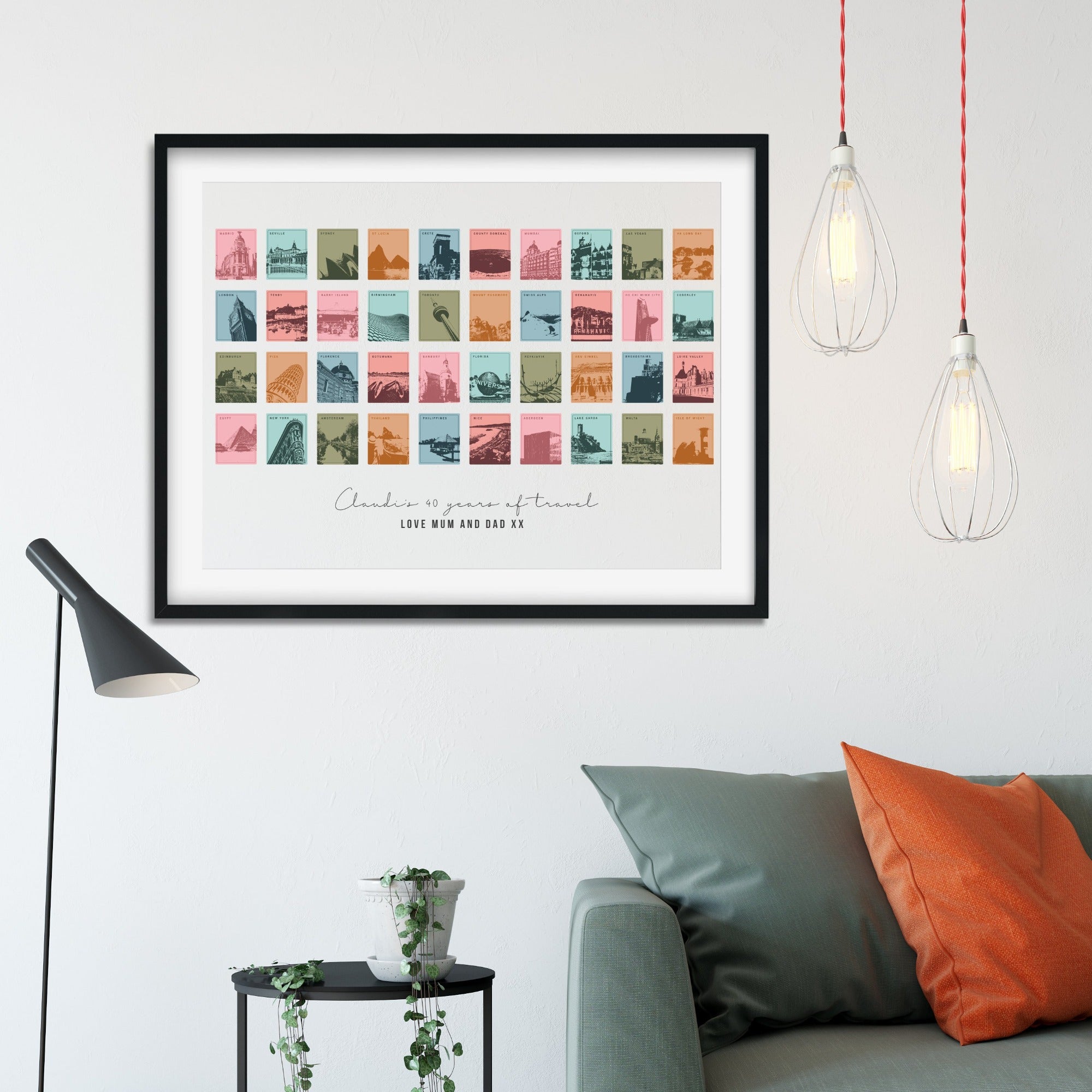 Framed travel memories print showing 40 images of destinations in the summer colourway