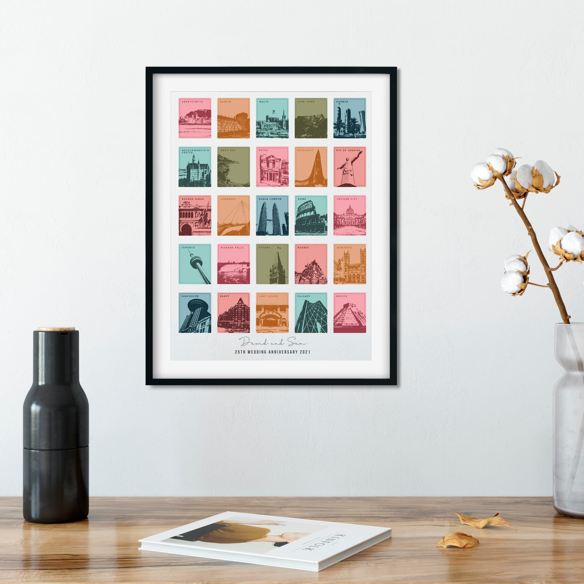 Black framed print showing 25 coloured images of various locations around the world in the summer colorway