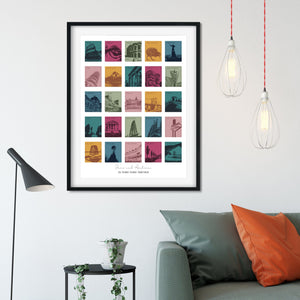 Black framed print showing 25 coloured images of various locations around the world in the autumn colorway