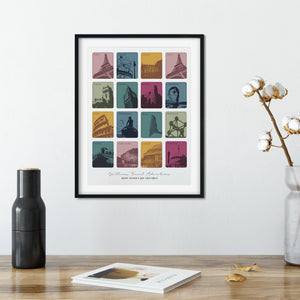 Large black framed print of 16 coloured designs showing different locations around the world in the Autumn colourway