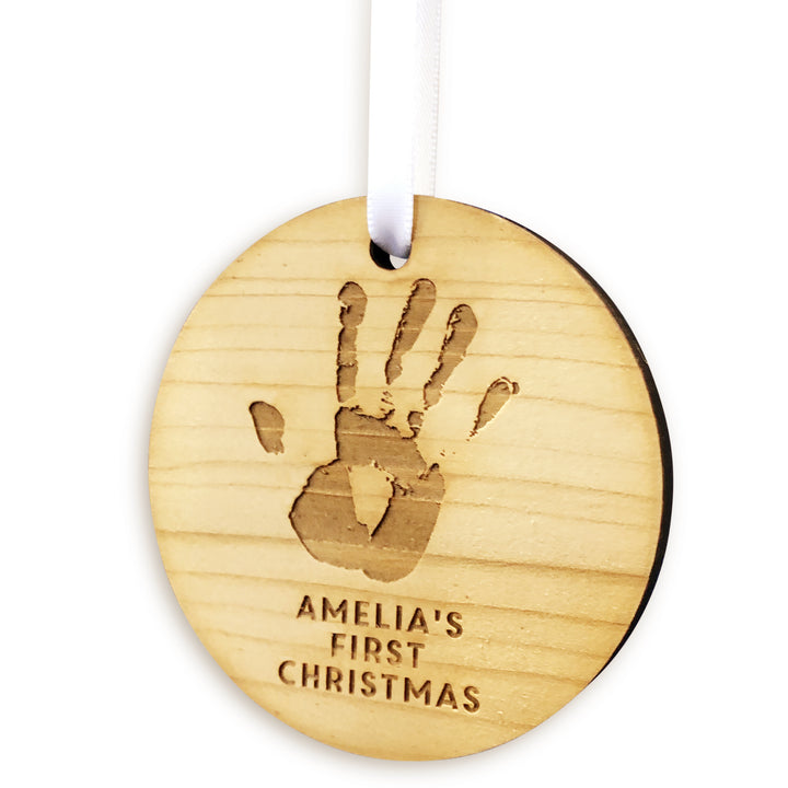 Bespoke baby handprint Christmas ornament, engraved wooden decoration.